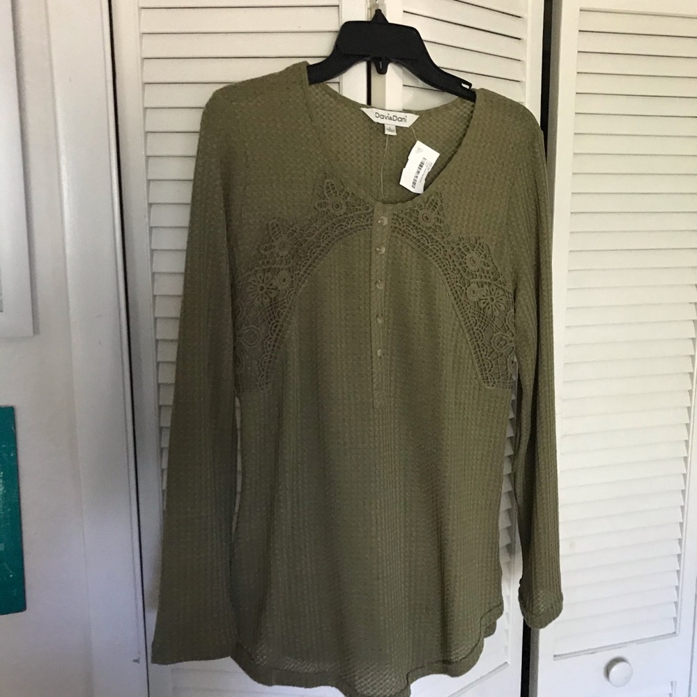 Olive Green Long Sleeve Waffle Knit Crochet Detail